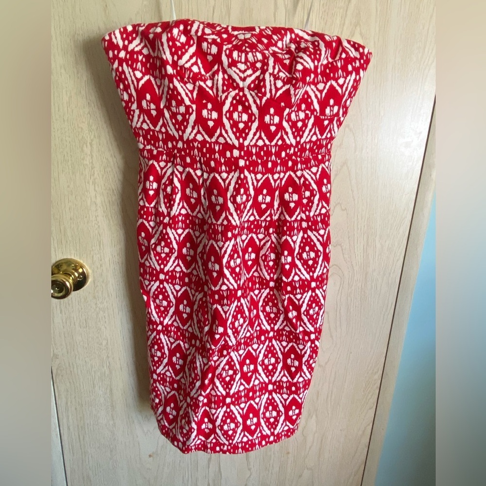 J. CREW Red Strapless Retro Lined Geometric Aztec Mini Dress Women’s Size 6